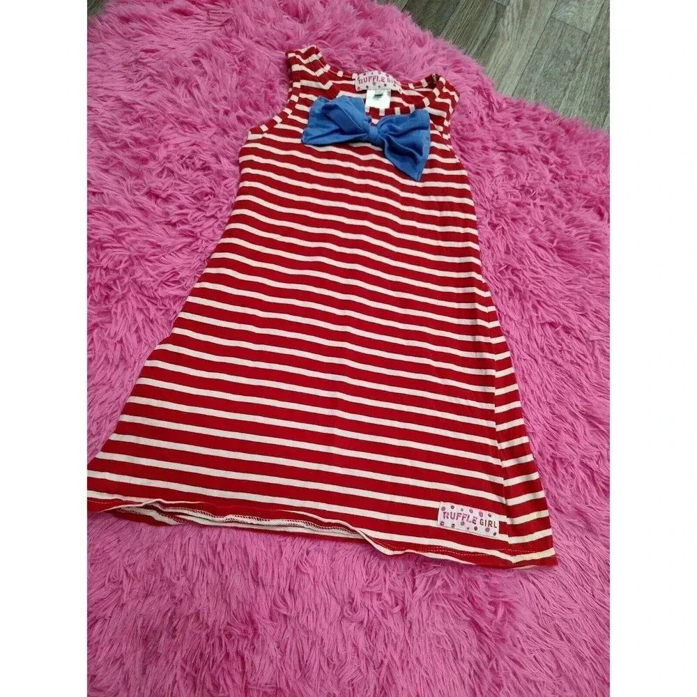 Size 7 Ruffle Girls Red, & White Striped Dress With Blue Bow Preowned